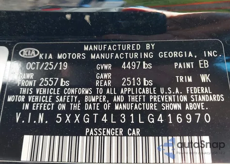 2020 Kia Optima S from USA, damaged, VIN 5XXGT4L31LG416970